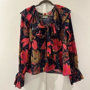 Farm Rio, Navy Blouse with Pink Bananas, Size L